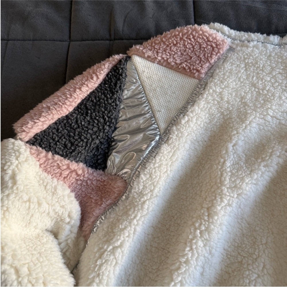 Free People Cream Sherpa Zip Up With Pink Geometric Patterned Shoulders - Picture 9 of 11